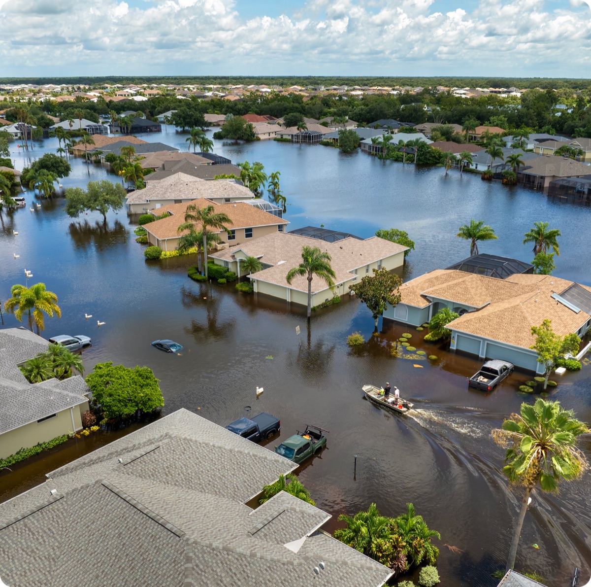 Aerial view of a flooded suburban neighborhood