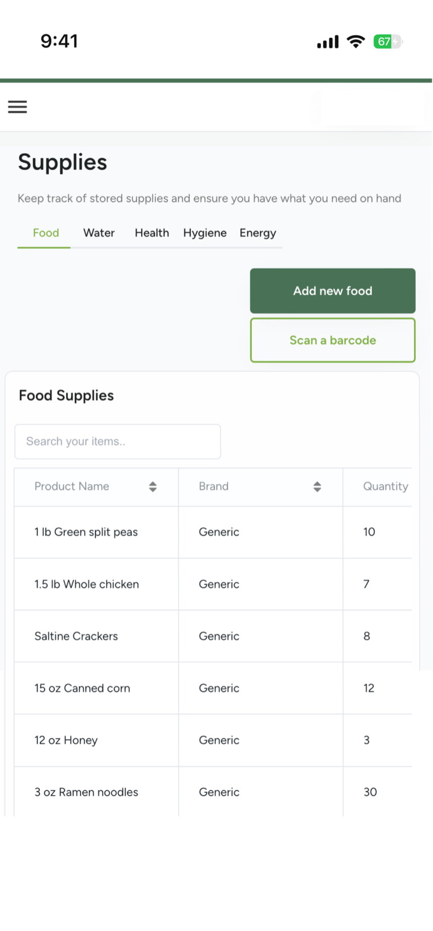 The Provision Planner mobile app with Add new food and Scan a barcode actions